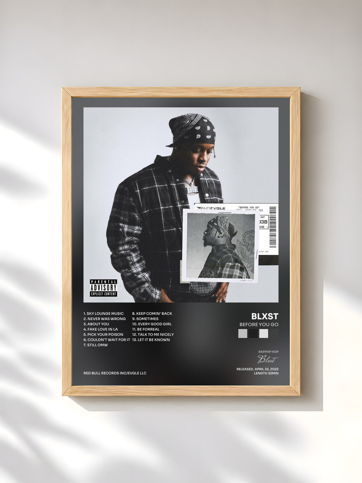 #bois Tableau de l'album Before You Go de Blxst, cadre en bois brut, imprimé et encadré en France