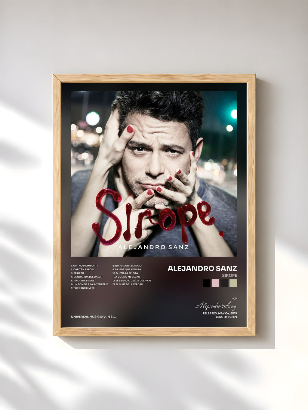 #bois Tableau de l'album Sirope de Alejandro Sanz, cadre en bois brut, imprimé et encadré en France