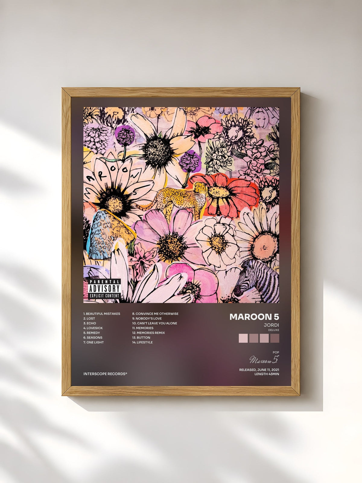 #bois Tableau de l'album JORDI (Deluxe) de Maroon 5, cadre en bois brut, imprimé et encadré en France