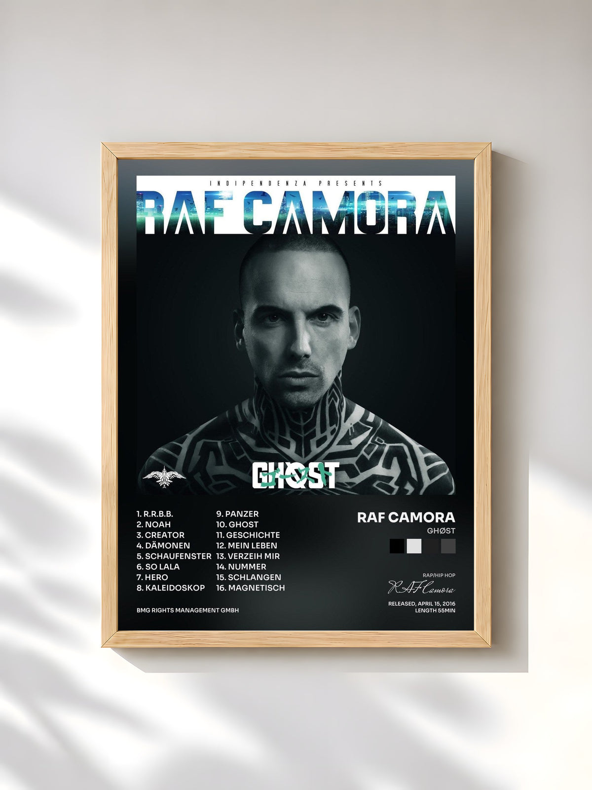 #bois Tableau de l'album Ghøst de RAF Camora, cadre en bois brut, imprimé et encadré en France