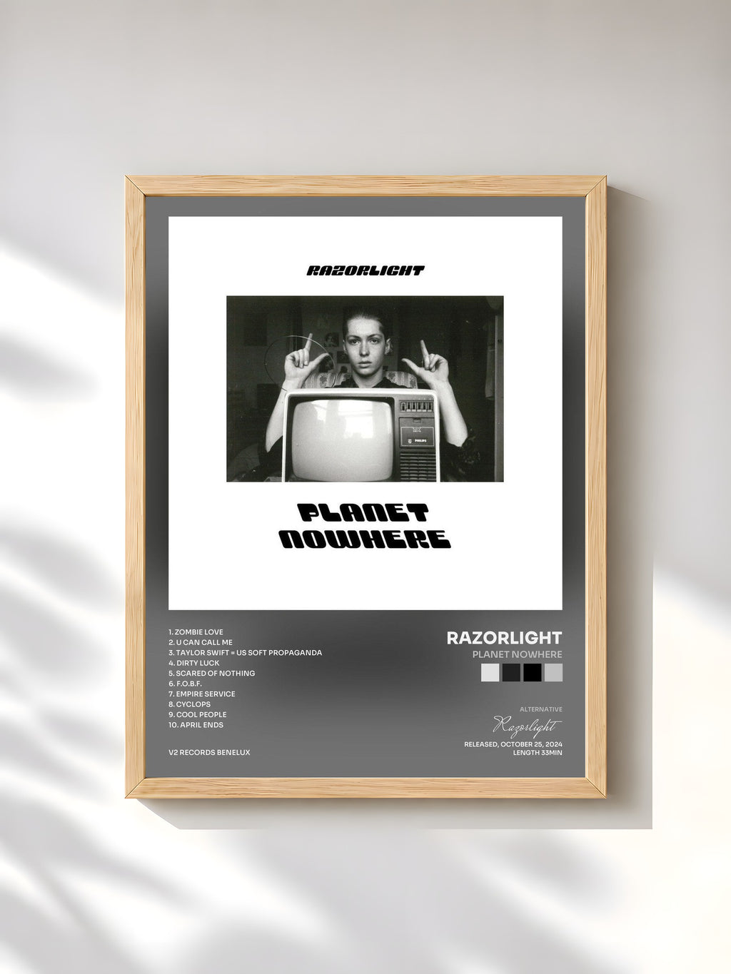 #bois Tableau de l'album Planet Nowhere de Razorlight, cadre en bois brut, imprimé et encadré en France