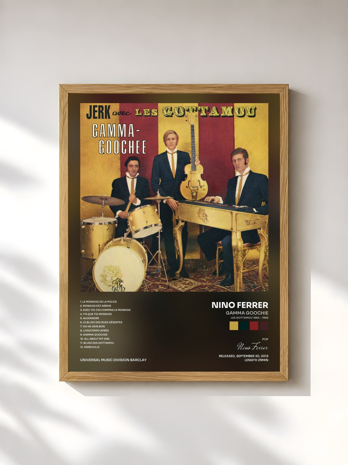 #bois Tableau de l'album Gamma Goochie (Les Gottamou 1964 - 1966) de Nino Ferrer, cadre en bois brut, imprimé et encadré en France