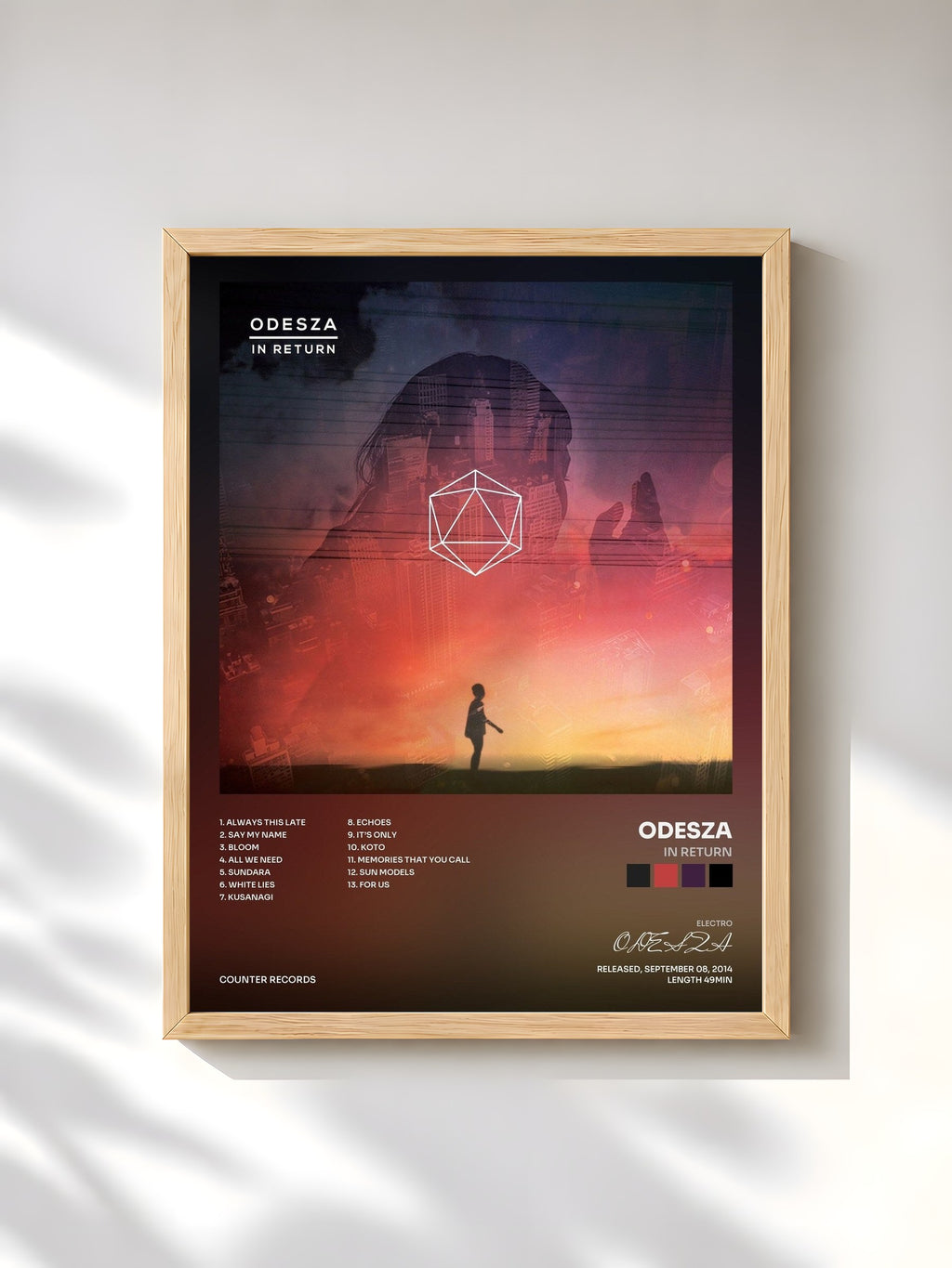 #bois Tableau de l'album In Return de ODESZA, cadre en bois brut, imprimé et encadré en France