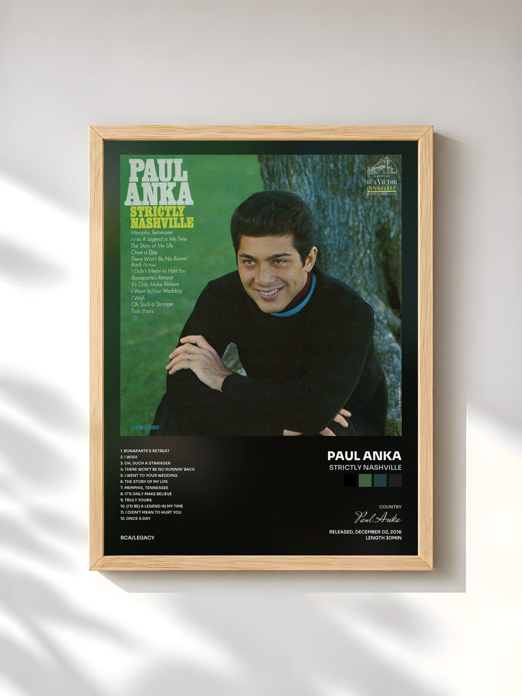 #bois Tableau de l'album Strictly Nashville de Paul Anka, cadre en bois brut, imprimé et encadré en France
