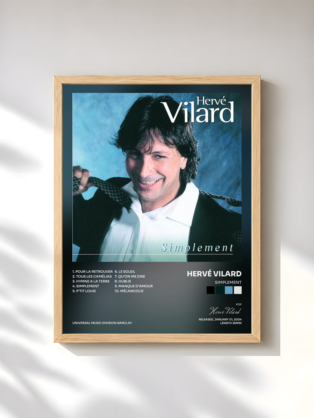 #bois Tableau de l'album Simplement de Hervé Vilard, cadre en bois brut, imprimé et encadré en France