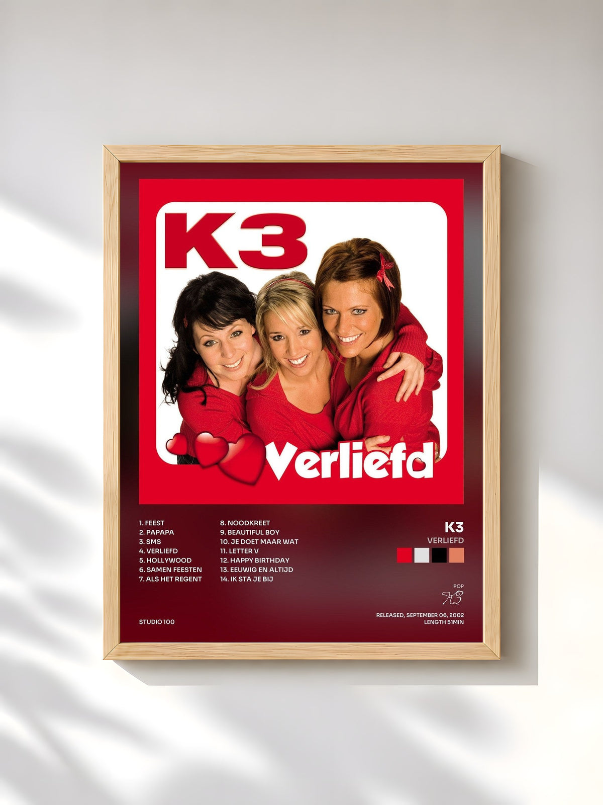 #bois Tableau de l'album Verliefd de K3, cadre en bois brut, imprimé et encadré en France