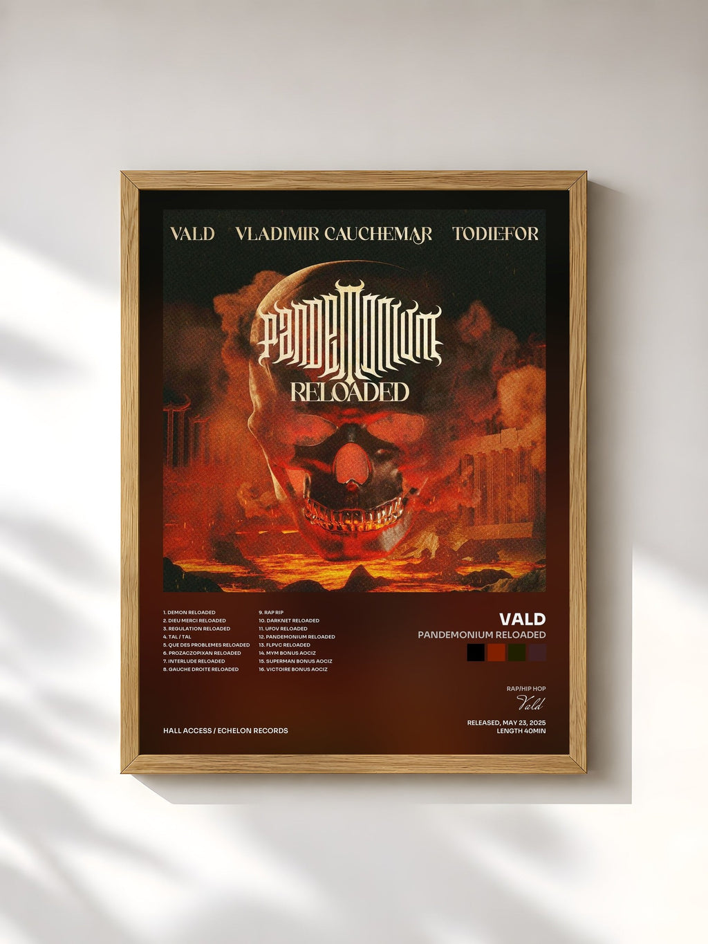 #bois Tableau de l'album PANDEMONIUM RELOADED de Vald, cadre en bois brut, imprimé et encadré en France