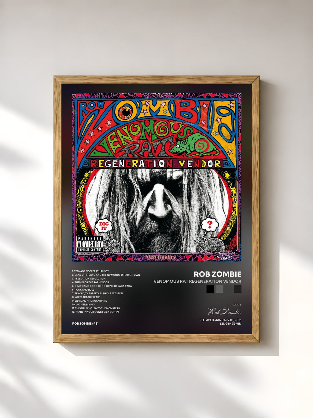 #bois Tableau de l'album Venomous Rat Regeneration Vendor de Rob Zombie, cadre en bois brut, imprimé et encadré en France