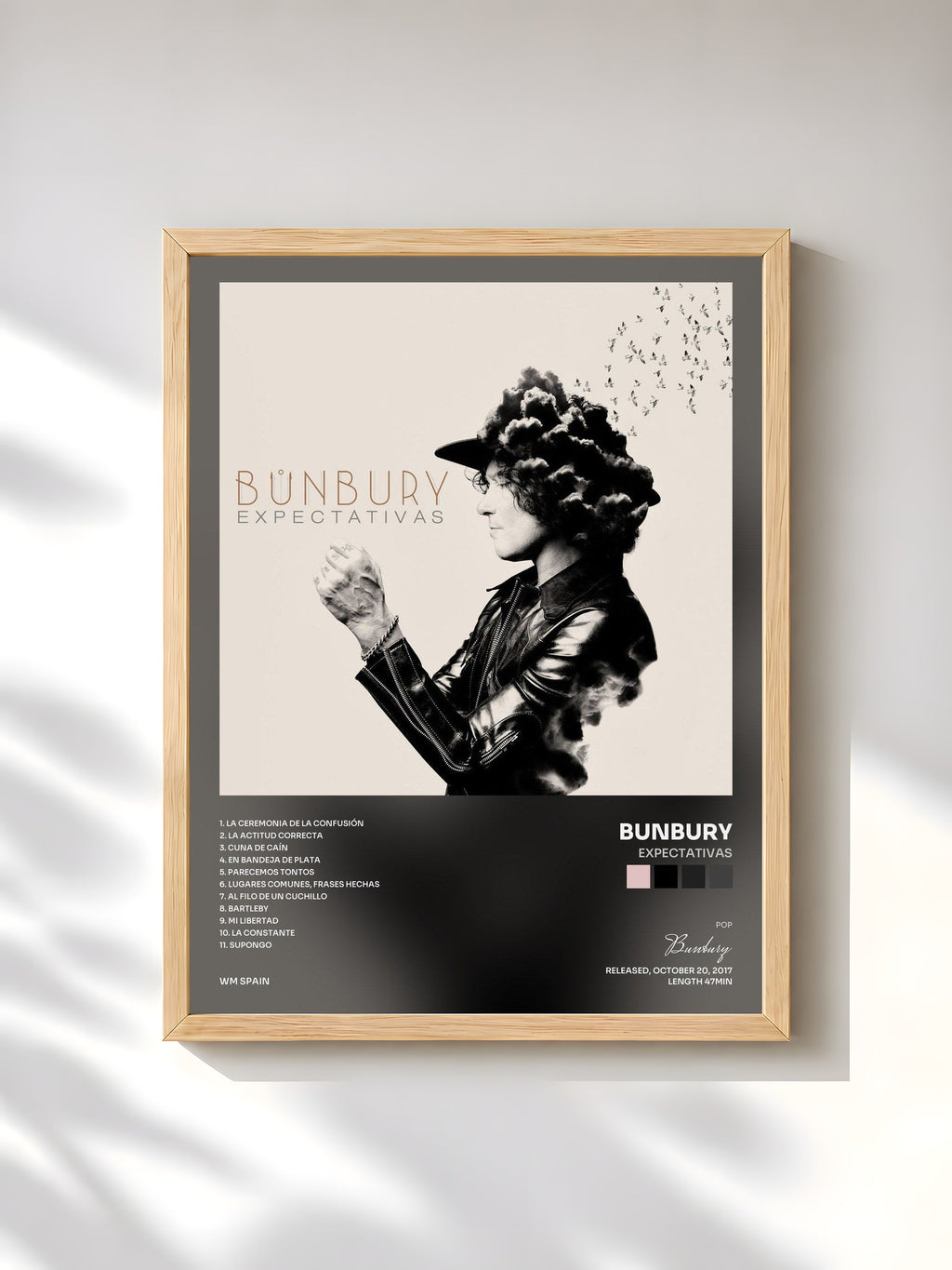 #bois Tableau de l'album Expectativas de Bunbury, cadre en bois brut, imprimé et encadré en France