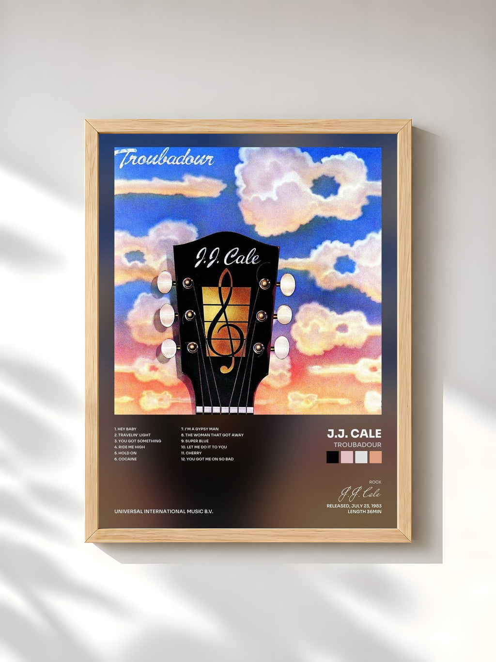 #bois Tableau de l'album Troubadour de J.J. Cale, cadre en bois brut, imprimé et encadré en France