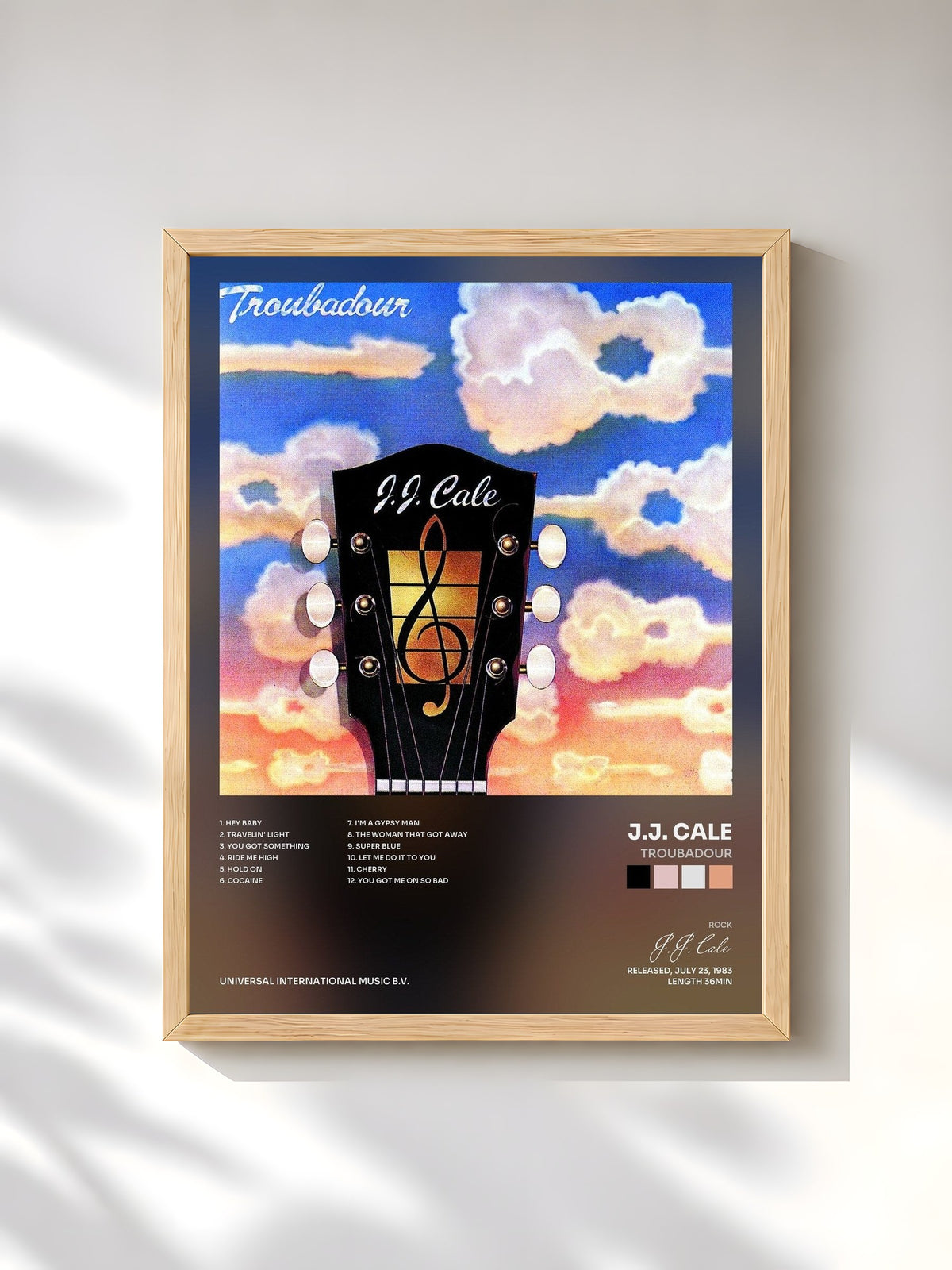 #bois Tableau de l'album Troubadour de J.J. Cale, cadre en bois brut, imprimé et encadré en France