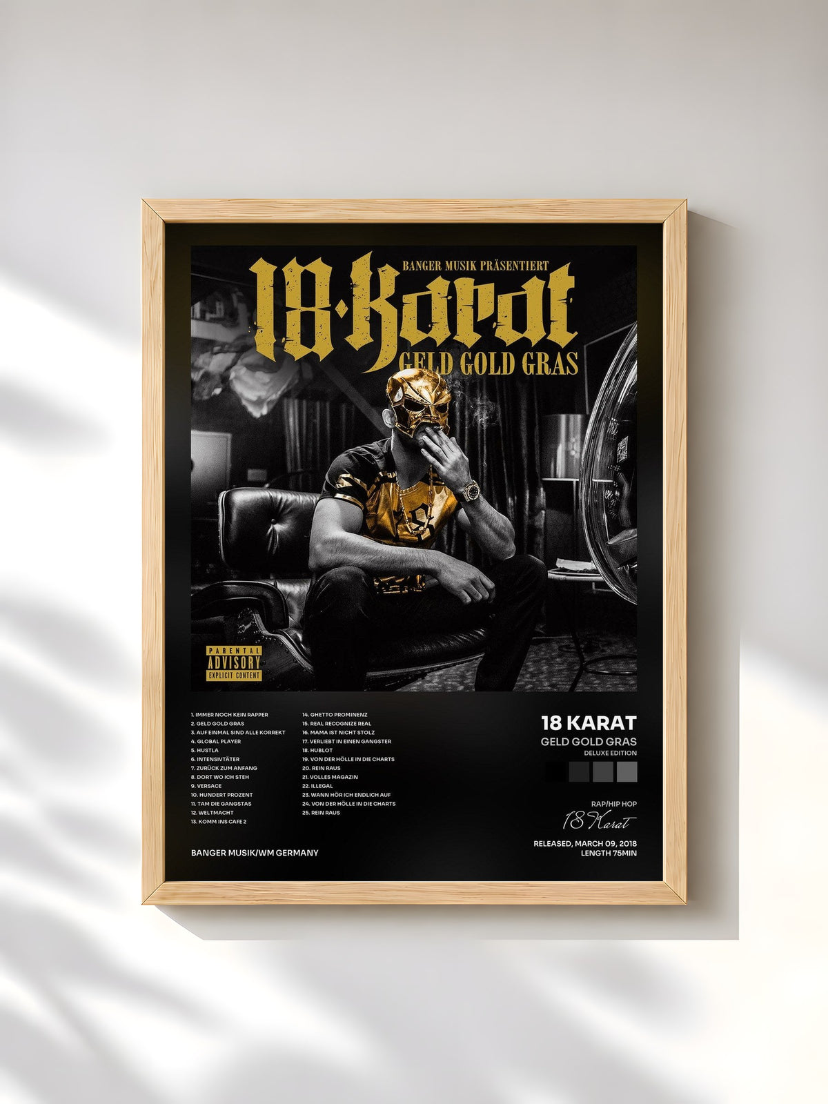 #bois Tableau de l'album Geld Gold Gras (Deluxe Edition) de 18 Karat, cadre en bois brut, imprimé et encadré en France