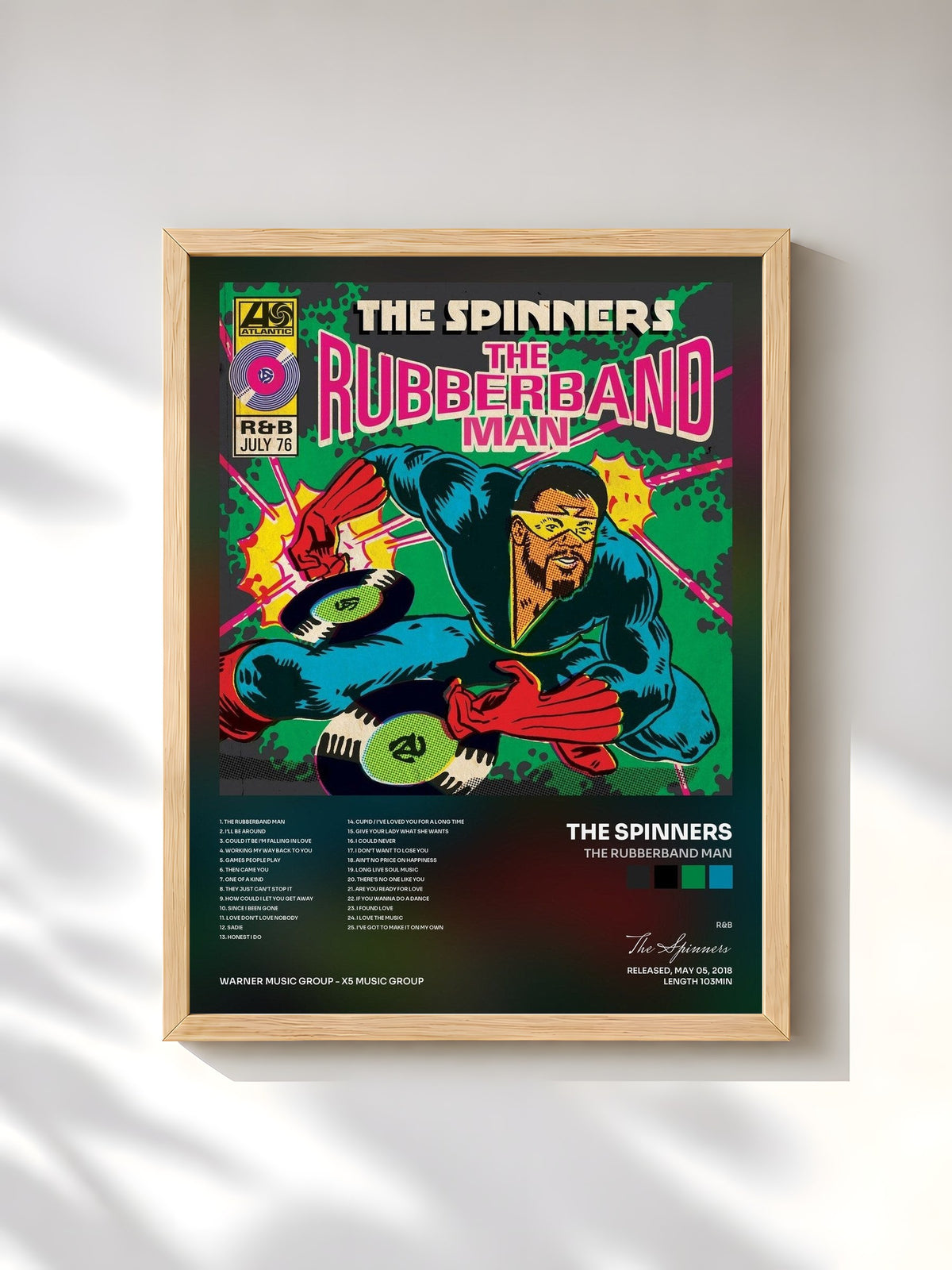 #bois Tableau de l'album The Rubberband Man de The Spinners, cadre en bois brut, imprimé et encadré en France