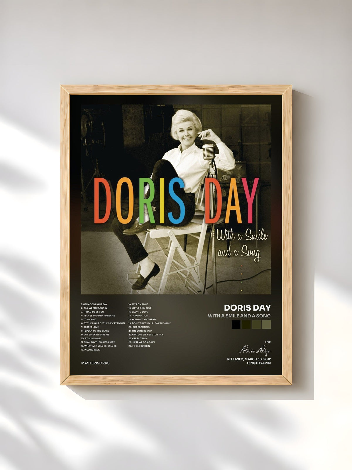 #bois Tableau de l'album With A Smile And A Song de Doris Day, cadre en bois brut, imprimé et encadré en France
