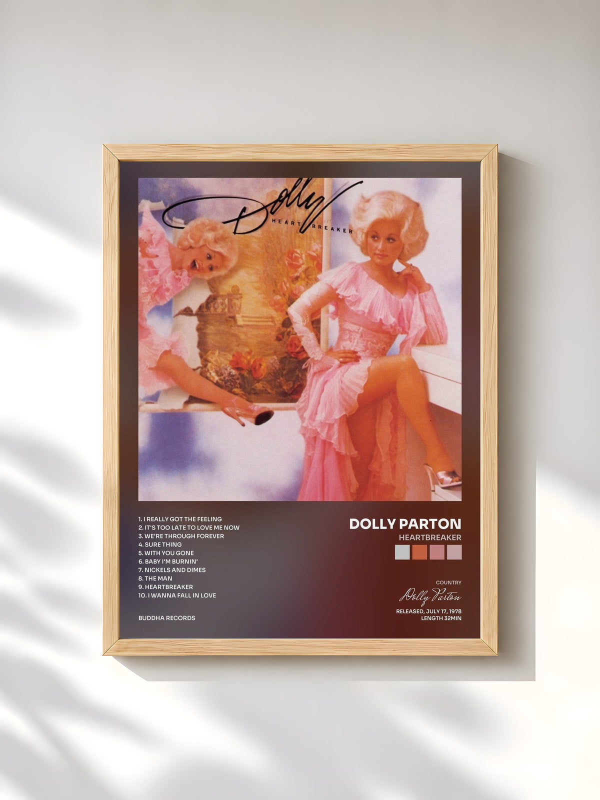 #bois Tableau de l'album Heartbreaker de Dolly Parton, cadre en bois brut, imprimé et encadré en France