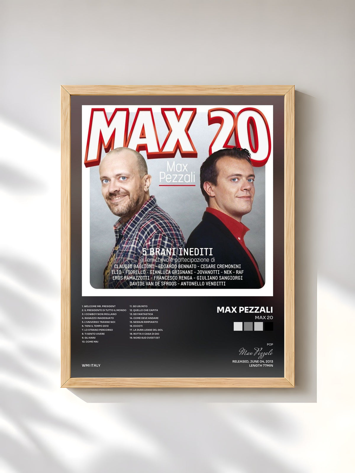 #bois Tableau de l'album MAX 20 de Max Pezzali, cadre en bois brut, imprimé et encadré en France