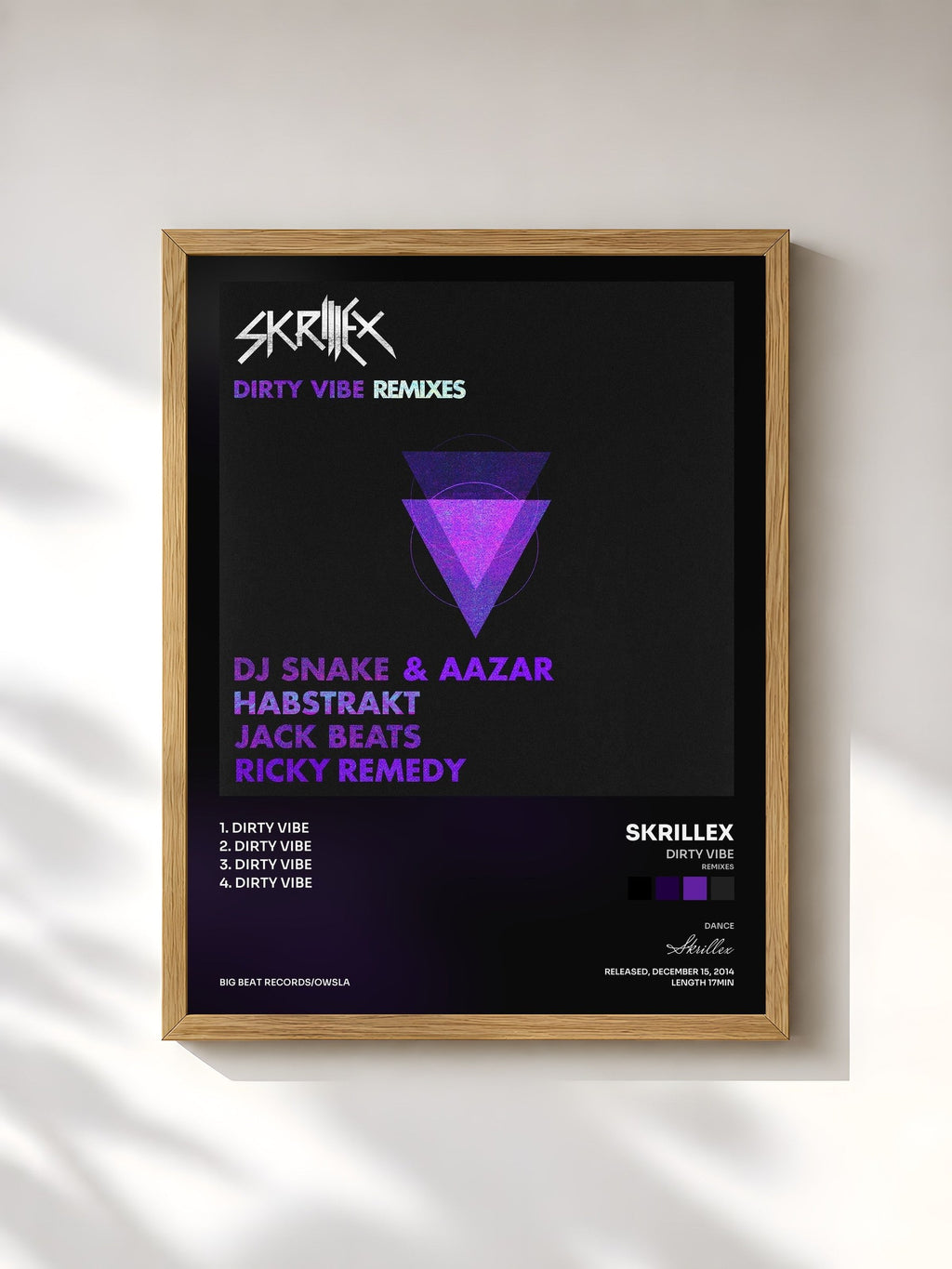 #bois Tableau de l'album Dirty Vibe (Remixes) de Skrillex, cadre en bois brut, imprimé et encadré en France