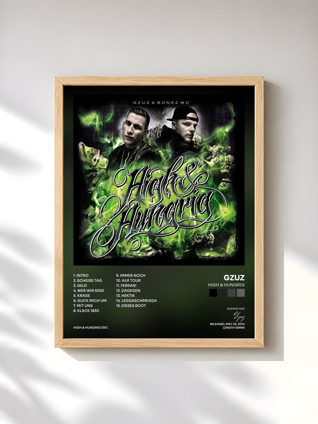 #bois Tableau de l'album High & Hungrig de Gzuz, cadre en bois brut, imprimé et encadré en France