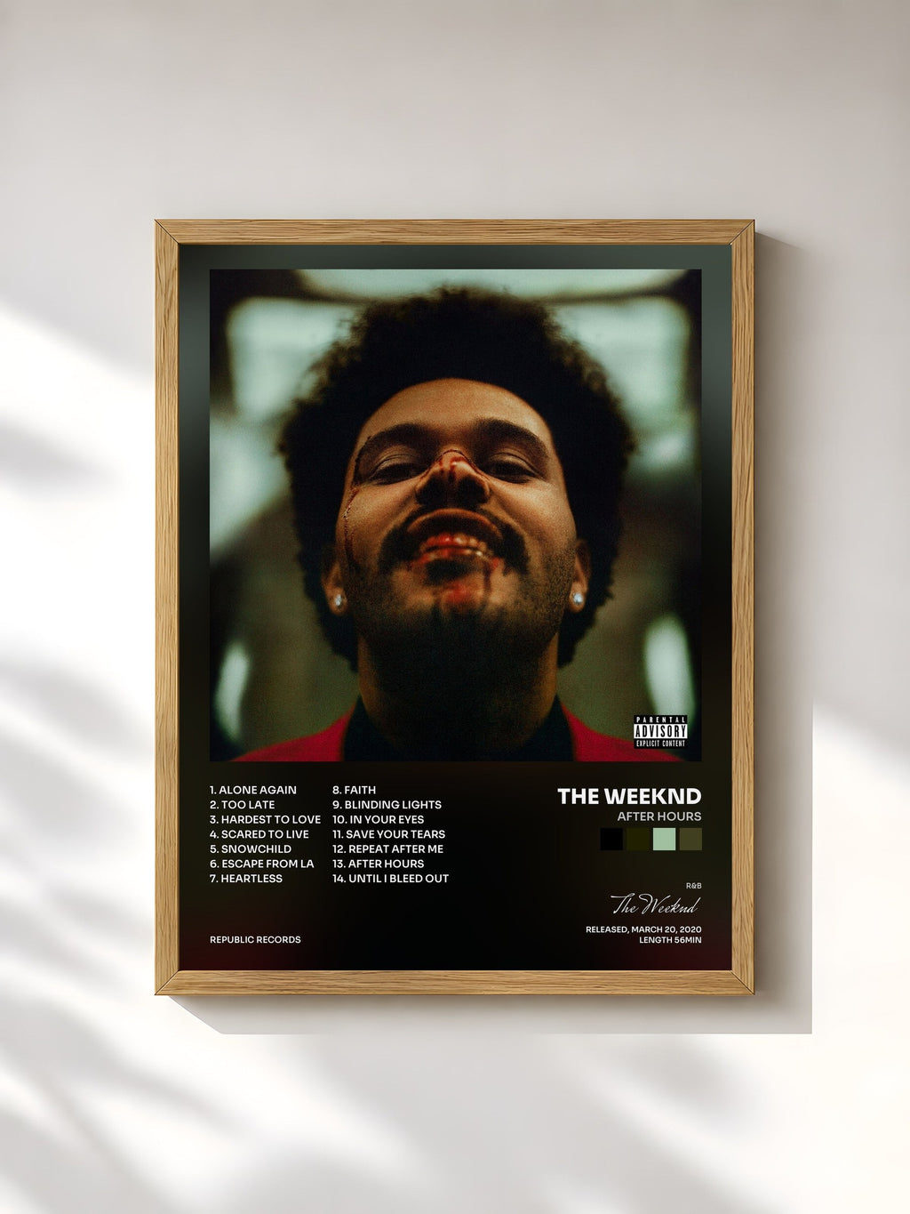 #bois Tableau de l'album After Hours de The Weeknd, cadre en bois brut, imprimé et encadré en France