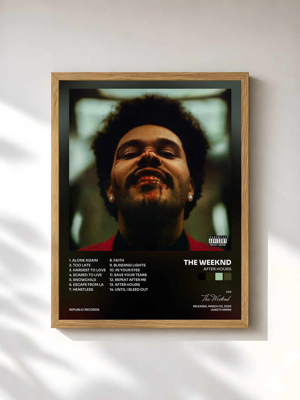 #bois Tableau de l'album After Hours de The Weeknd, cadre en bois brut, imprimé et encadré en France