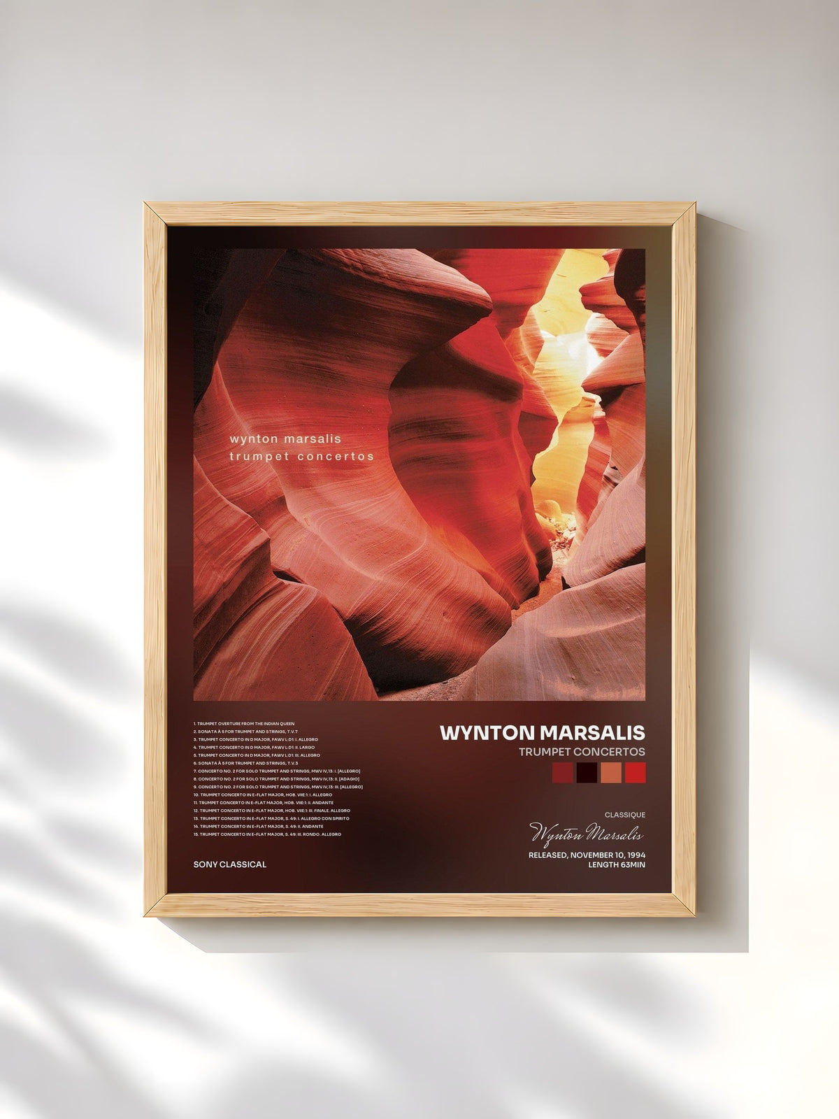 #bois Tableau de l'album Trumpet Concertos de Wynton Marsalis, cadre en bois brut, imprimé et encadré en France