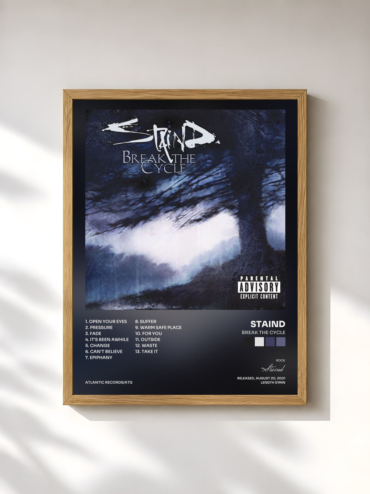 #bois Tableau de l'album Break the Cycle de Staind, cadre en bois brut, imprimé et encadré en France