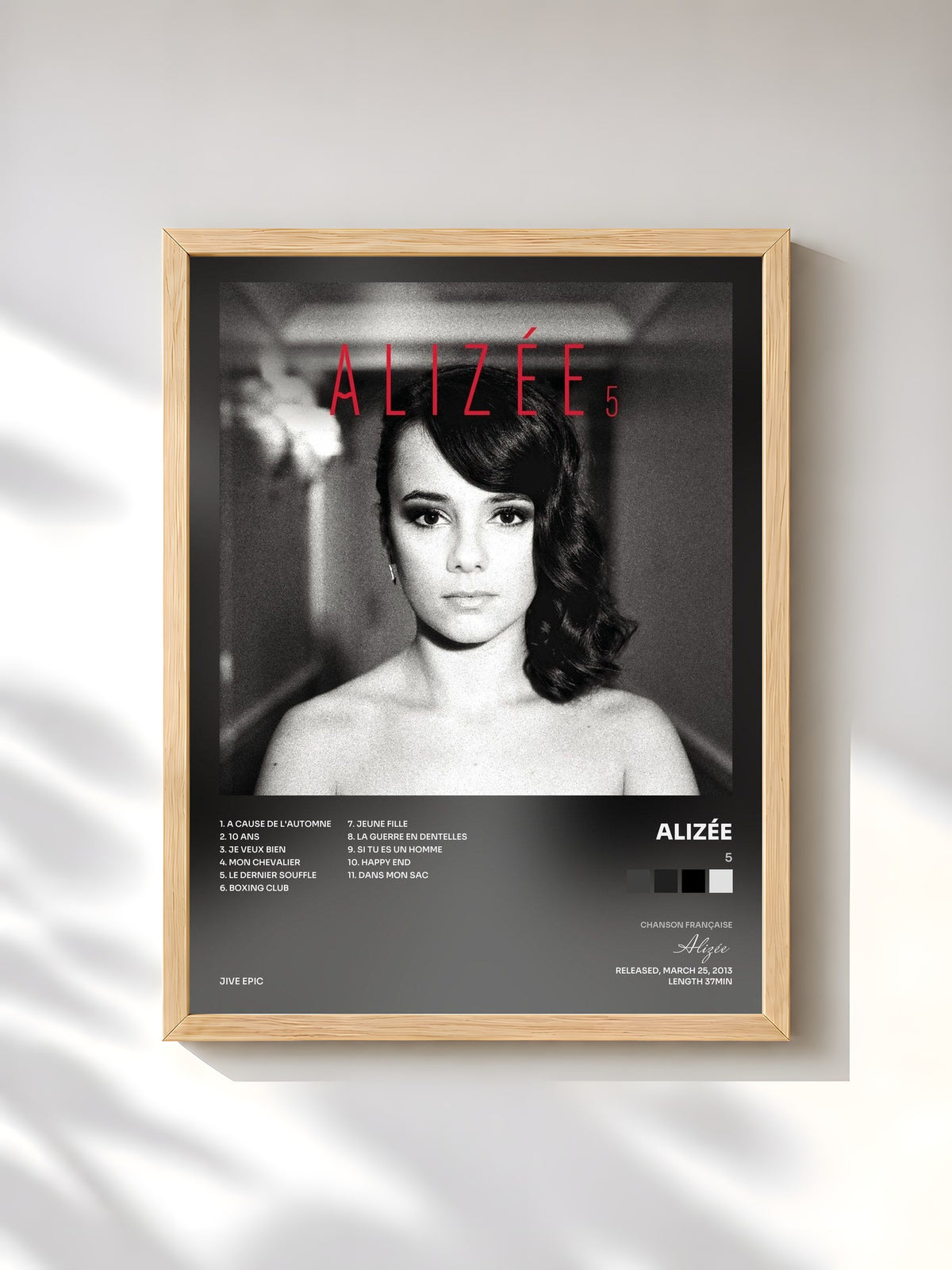 #bois Tableau de l'album 5 de Alizée, cadre en bois brut, imprimé et encadré en France