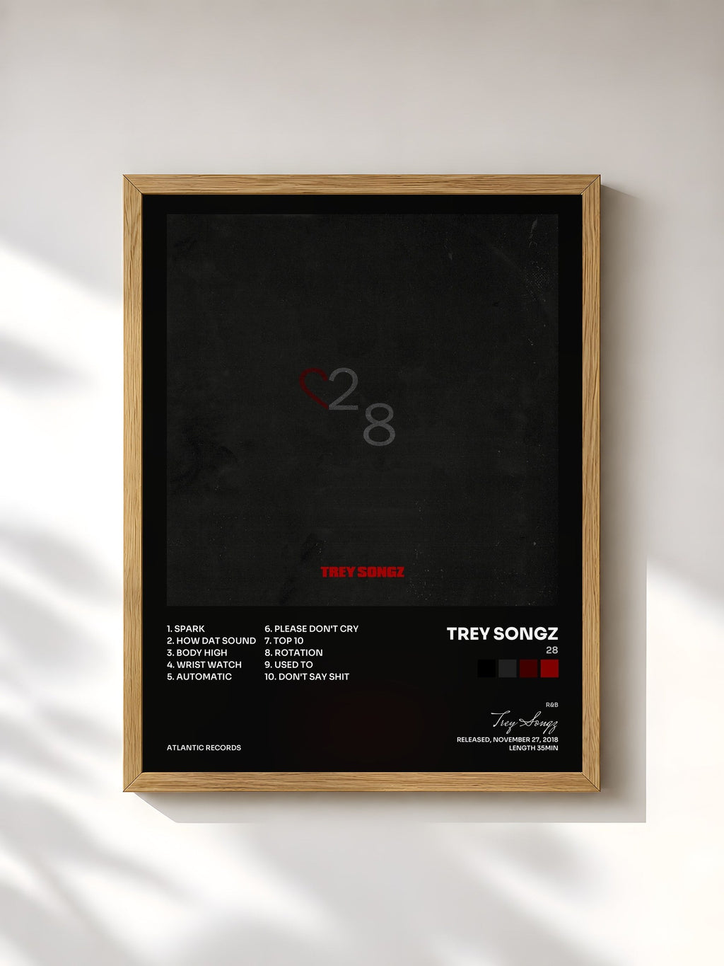 #bois Tableau de l'album 28 de Trey Songz, cadre en bois brut, imprimé et encadré en France