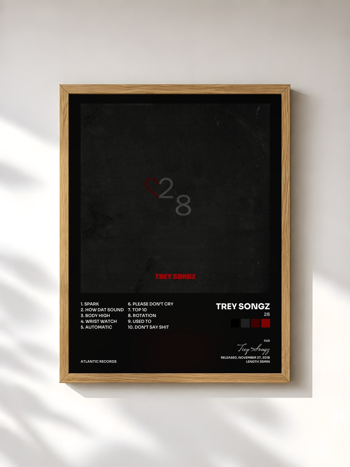 #bois Tableau de l'album 28 de Trey Songz, cadre en bois brut, imprimé et encadré en France