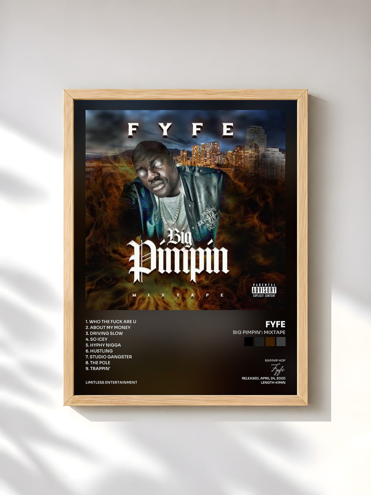 #bois Tableau de l'album Big Pimpin': Mixtape de Fyfe, cadre en bois brut, imprimé et encadré en France