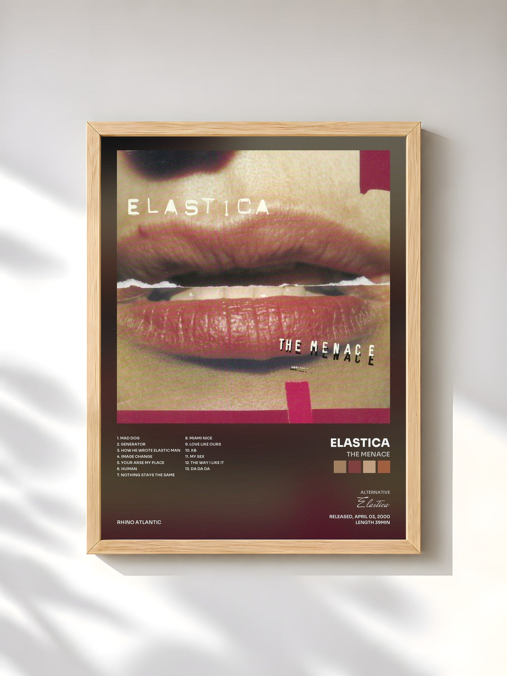 #bois Tableau de l'album The Menace de Elastica, cadre en bois brut, imprimé et encadré en France