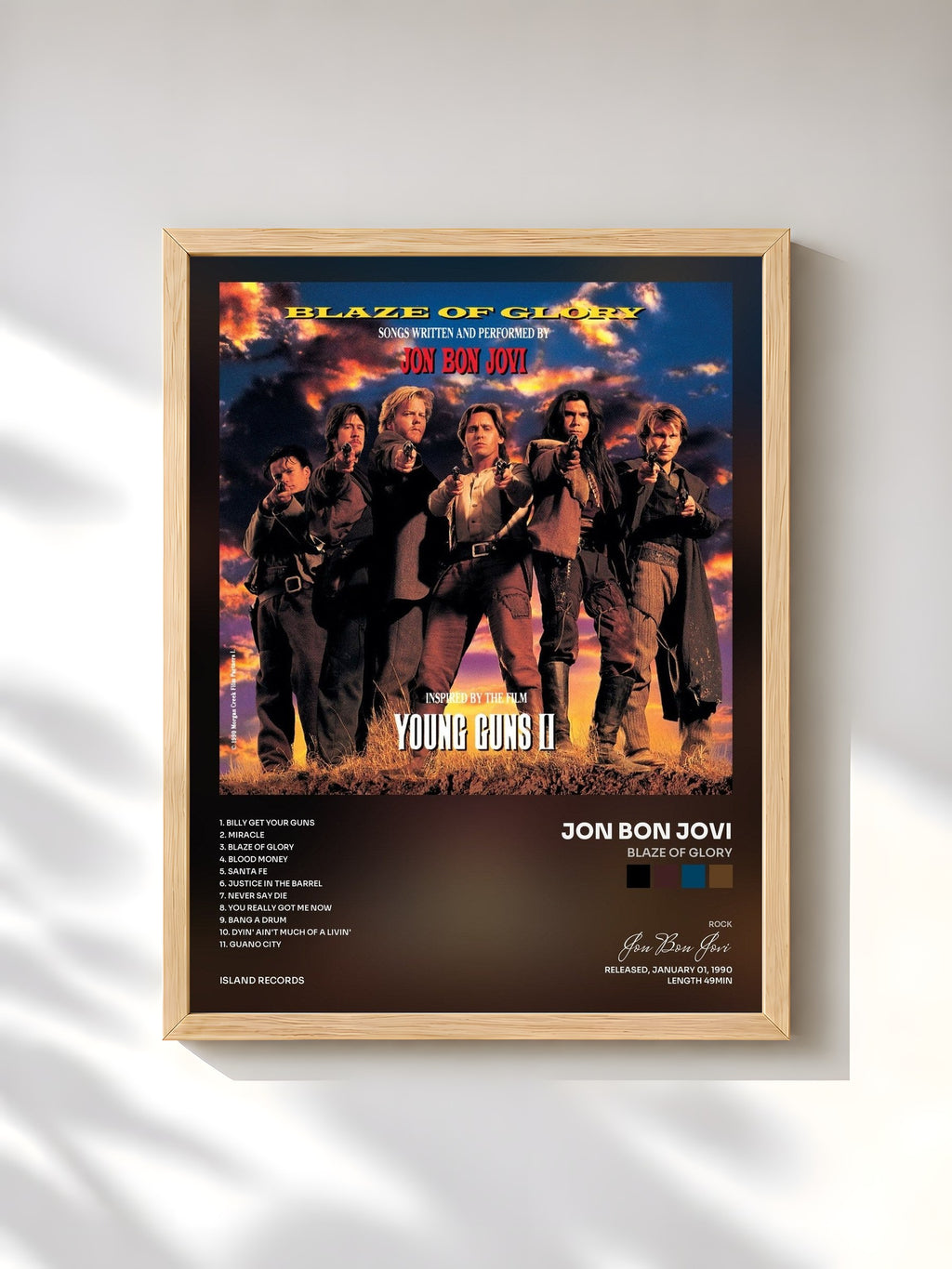 #bois Tableau de l'album Blaze Of Glory de Jon Bon Jovi, cadre en bois brut, imprimé et encadré en France