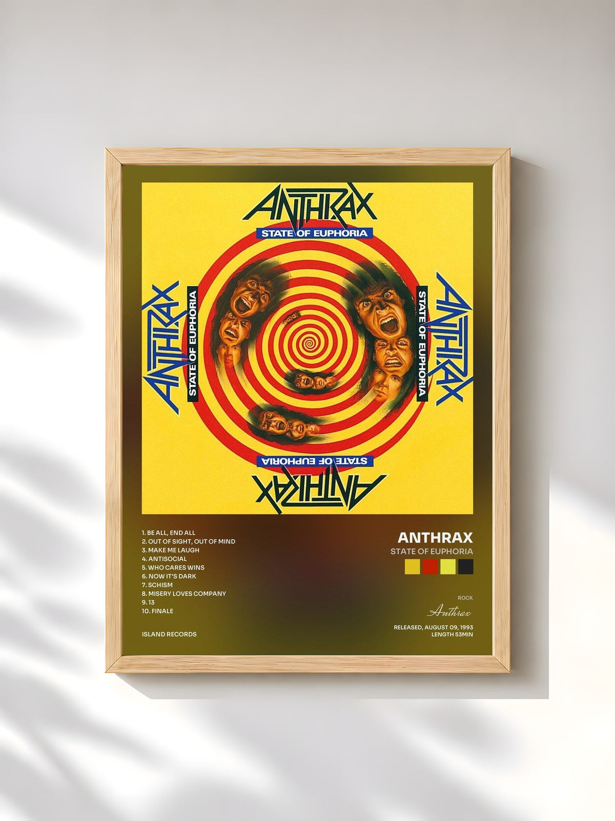 #bois Tableau de l'album State Of Euphoria de Anthrax, cadre en bois brut, imprimé et encadré en France