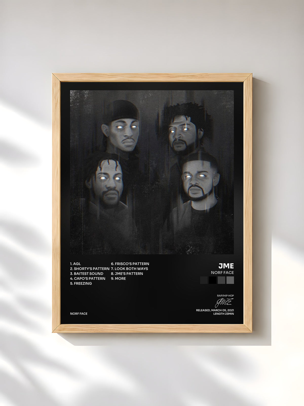 #bois Tableau de l'album Norf Face de JME, cadre en bois brut, imprimé et encadré en France