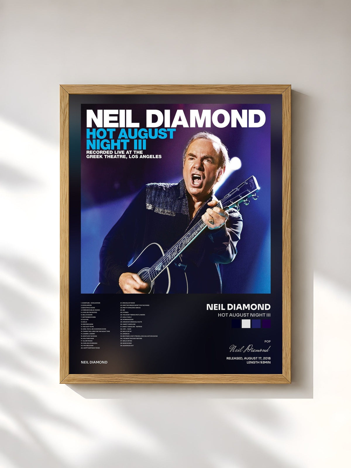 #bois Tableau de l'album Hot August Night III de Neil Diamond, cadre en bois brut, imprimé et encadré en France
