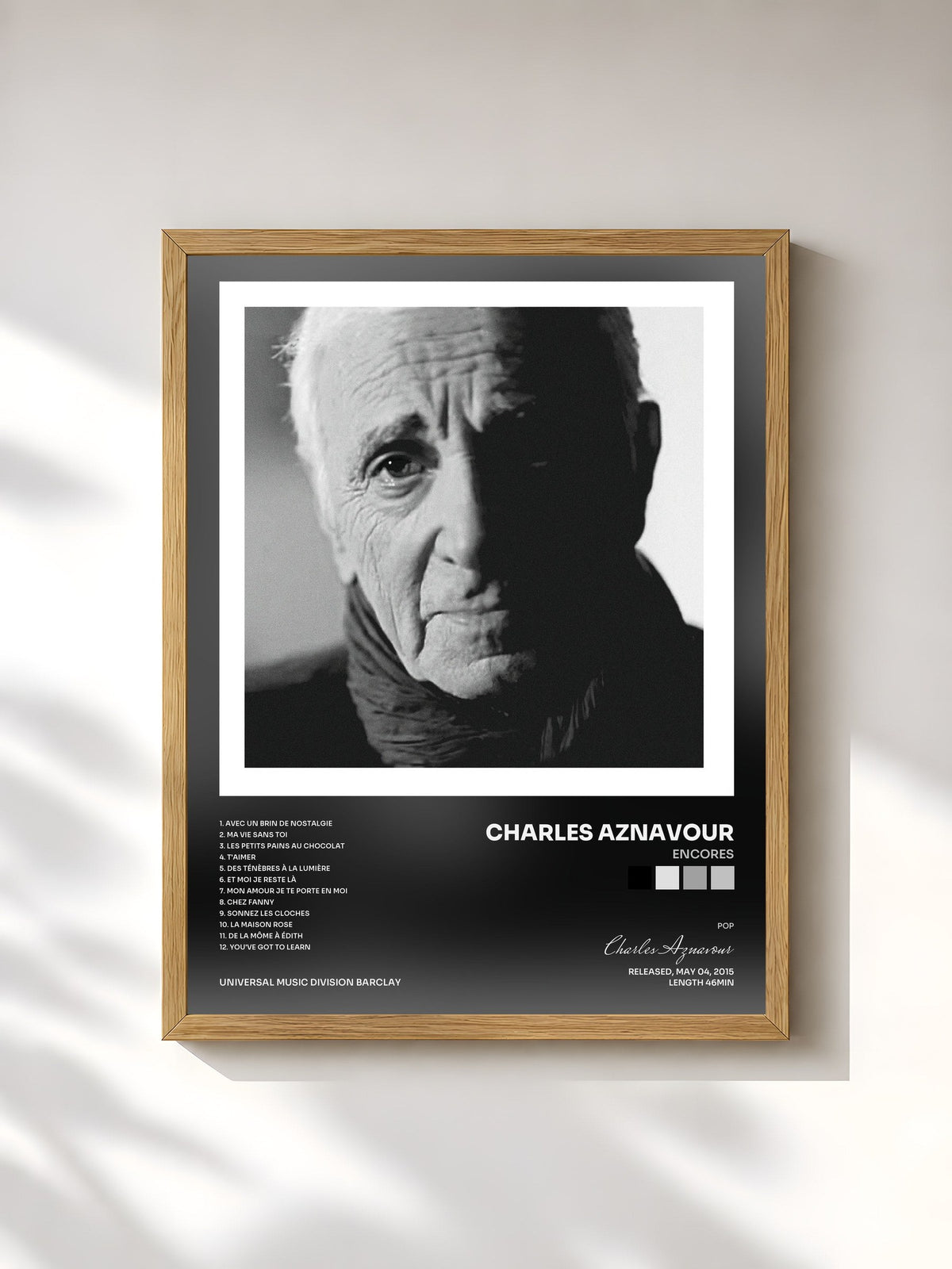 #bois Tableau de l'album Encores de Charles Aznavour, cadre en bois brut, imprimé et encadré en France