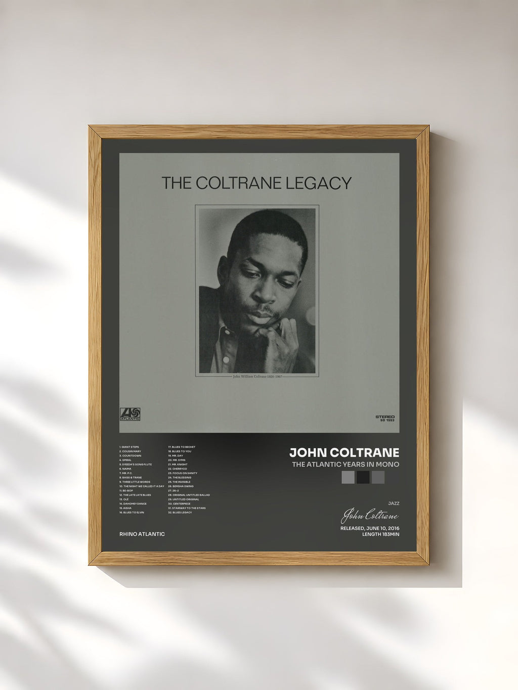 #bois Tableau de l'album The Atlantic Years in Mono de John Coltrane, cadre en bois brut, imprimé et encadré en France