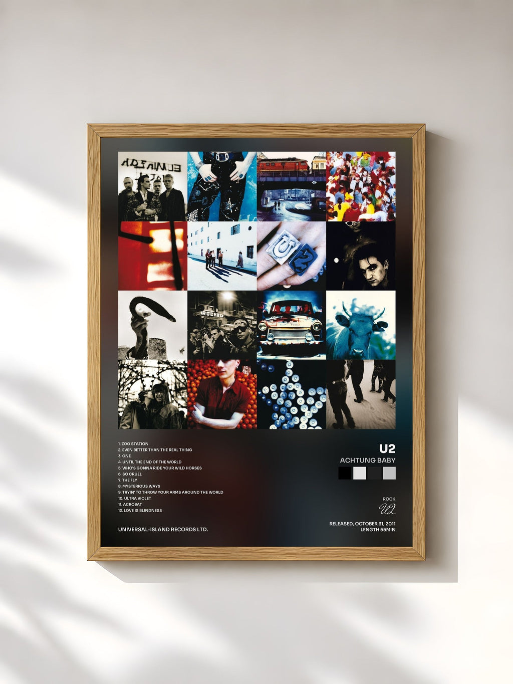 #bois Tableau de l'album Achtung Baby de U2, cadre en bois brut, imprimé et encadré en France