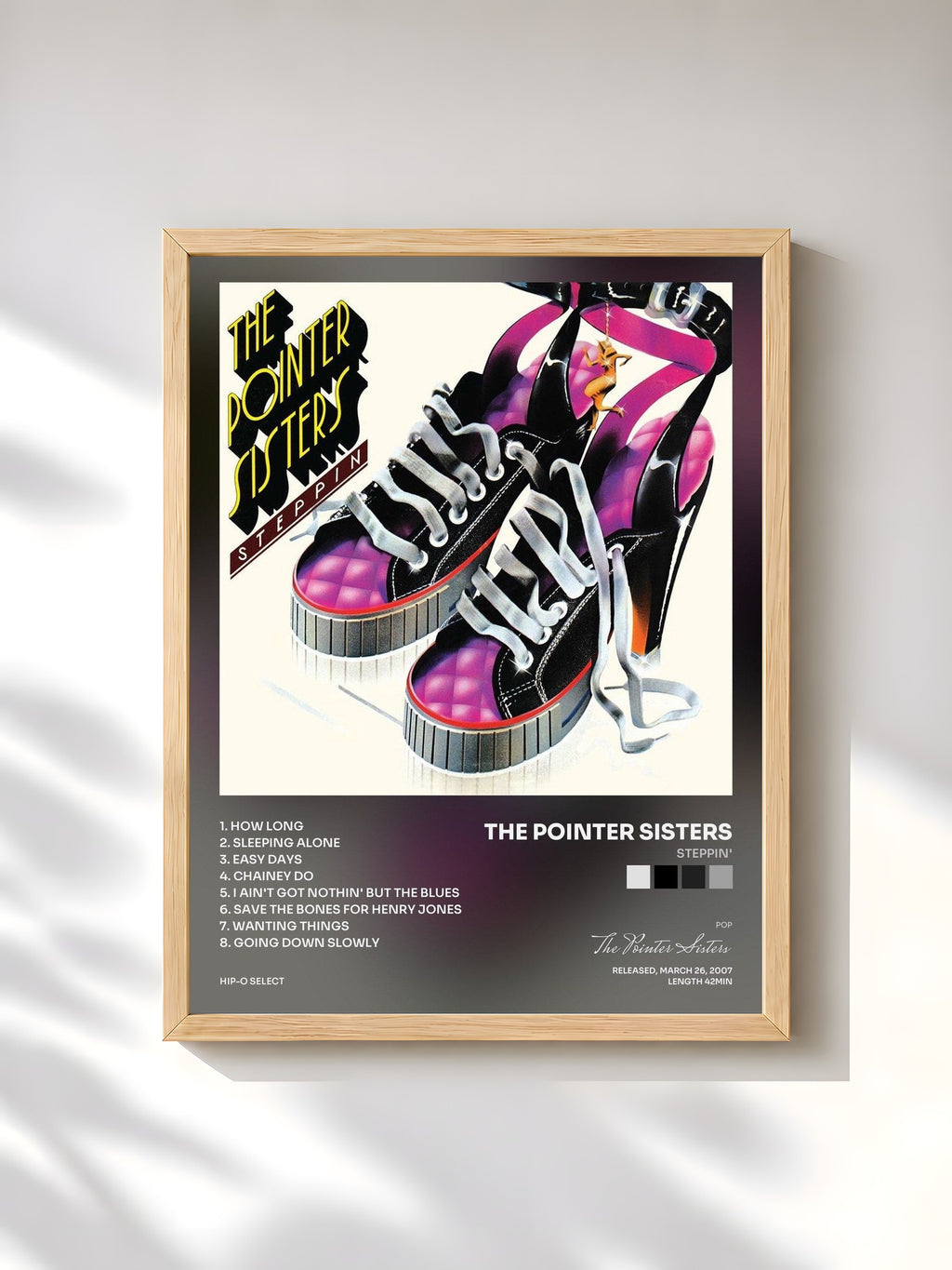 #bois Tableau de l'album Steppin' de The Pointer Sisters, cadre en bois brut, imprimé et encadré en France