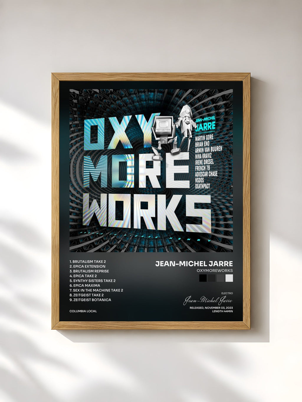 #bois Tableau de l'album OXYMOREWORKS de Jean-Michel Jarre, cadre en bois brut, imprimé et encadré en France