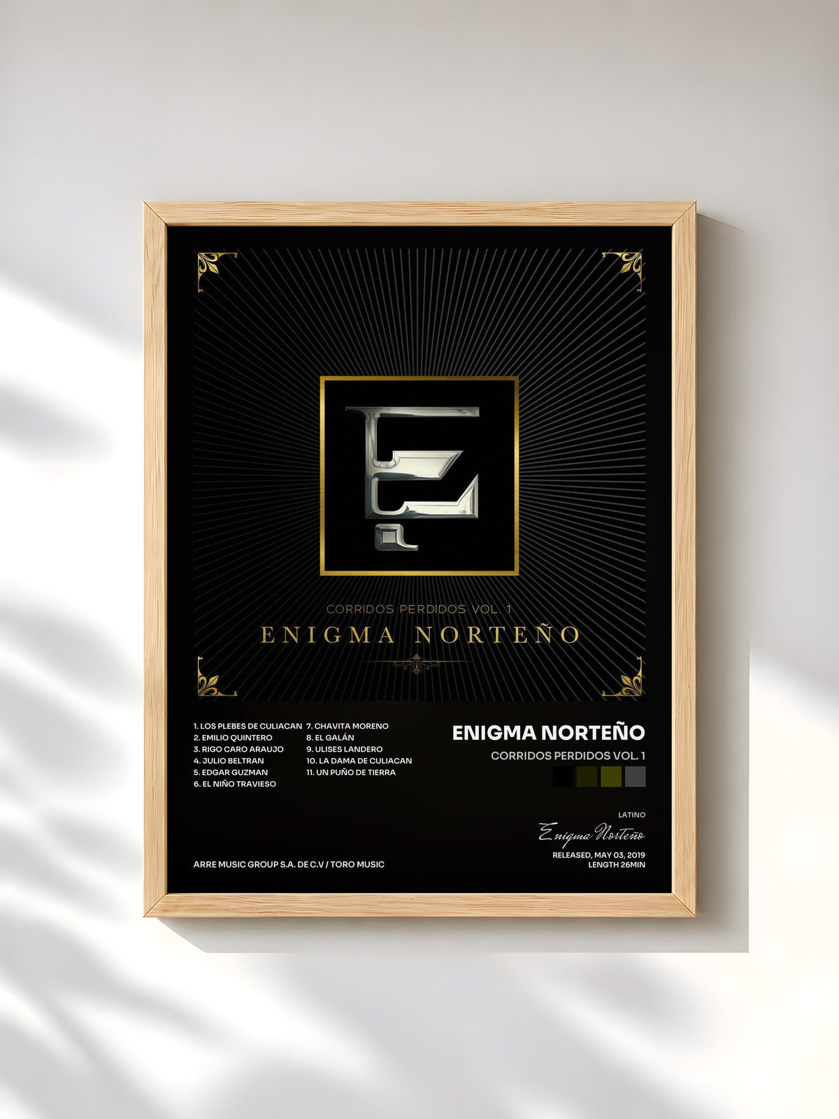 #bois Tableau de l'album Corridos Perdidos Vol. 1 de Enigma Norteño, cadre en bois brut, imprimé et encadré en France