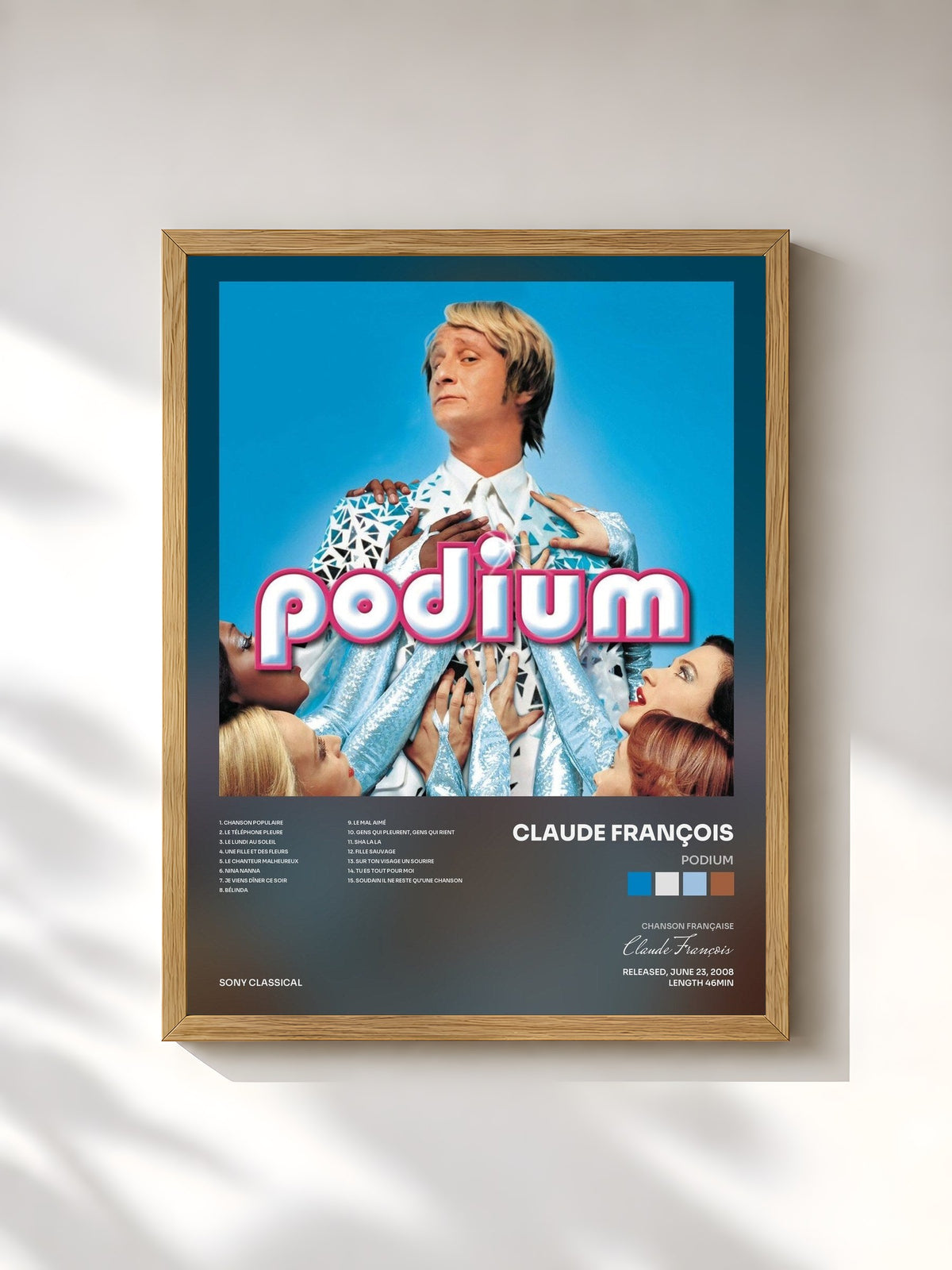 #bois Tableau de l'album PODIUM de Claude François, cadre en bois brut, imprimé et encadré en France