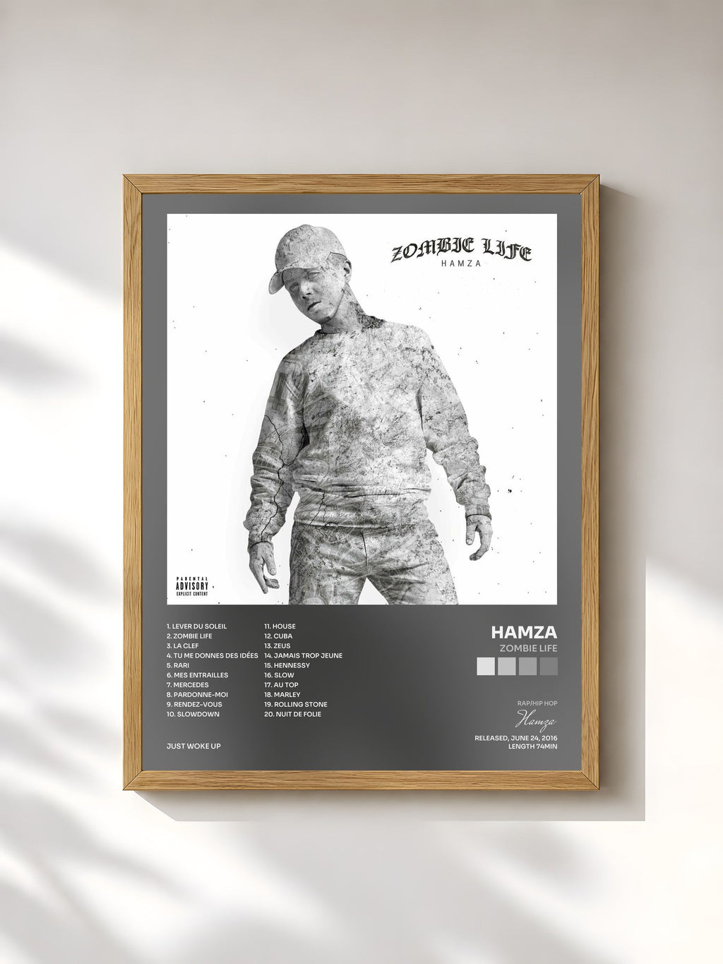 #bois Tableau de l'album Zombie Life de Hamza, cadre en bois brut, imprimé et encadré en France