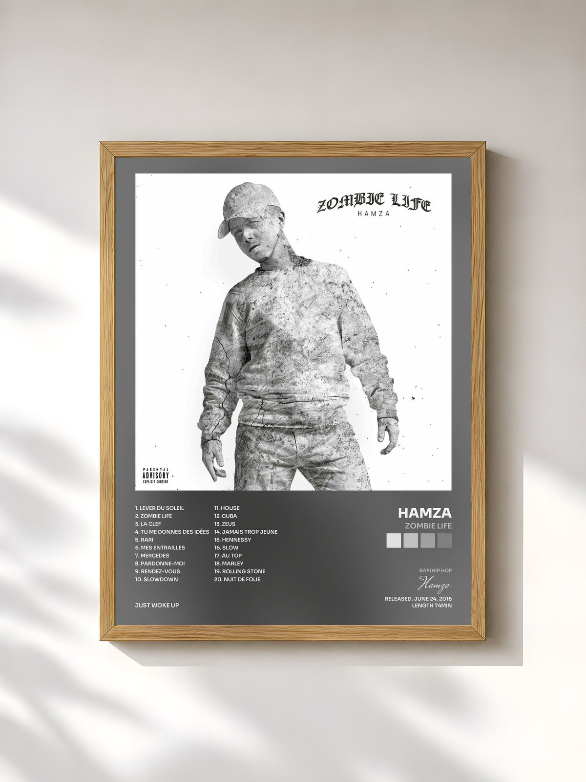 #bois Tableau de l'album Zombie Life de Hamza, cadre en bois brut, imprimé et encadré en France
