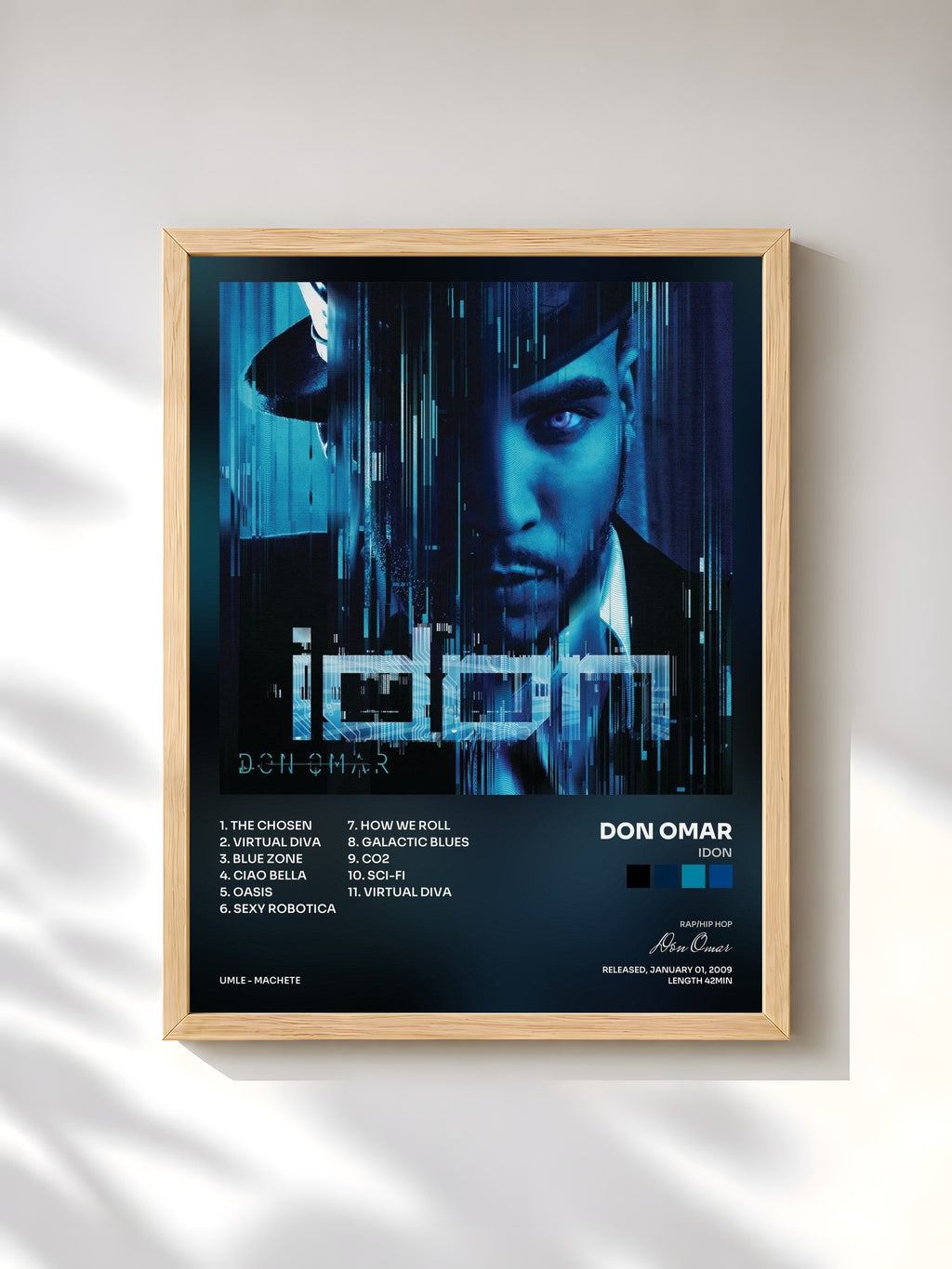#bois Tableau de l'album iDon de Don Omar, cadre en bois brut, imprimé et encadré en France