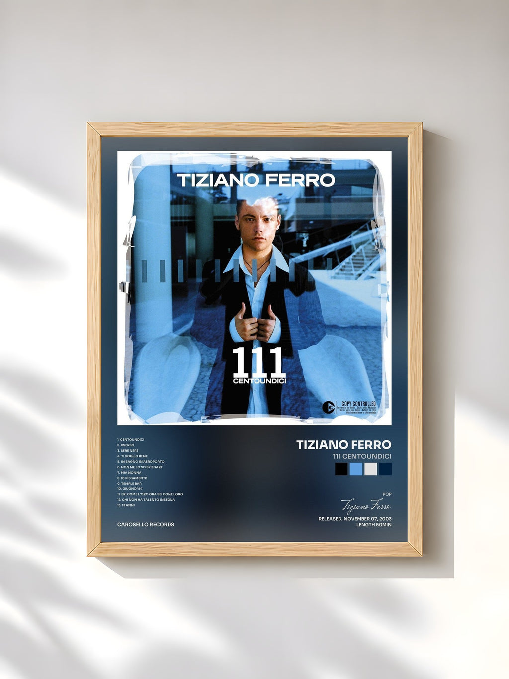 #bois Tableau de l'album 111 Centoundici de Tiziano Ferro, cadre en bois brut, imprimé et encadré en France