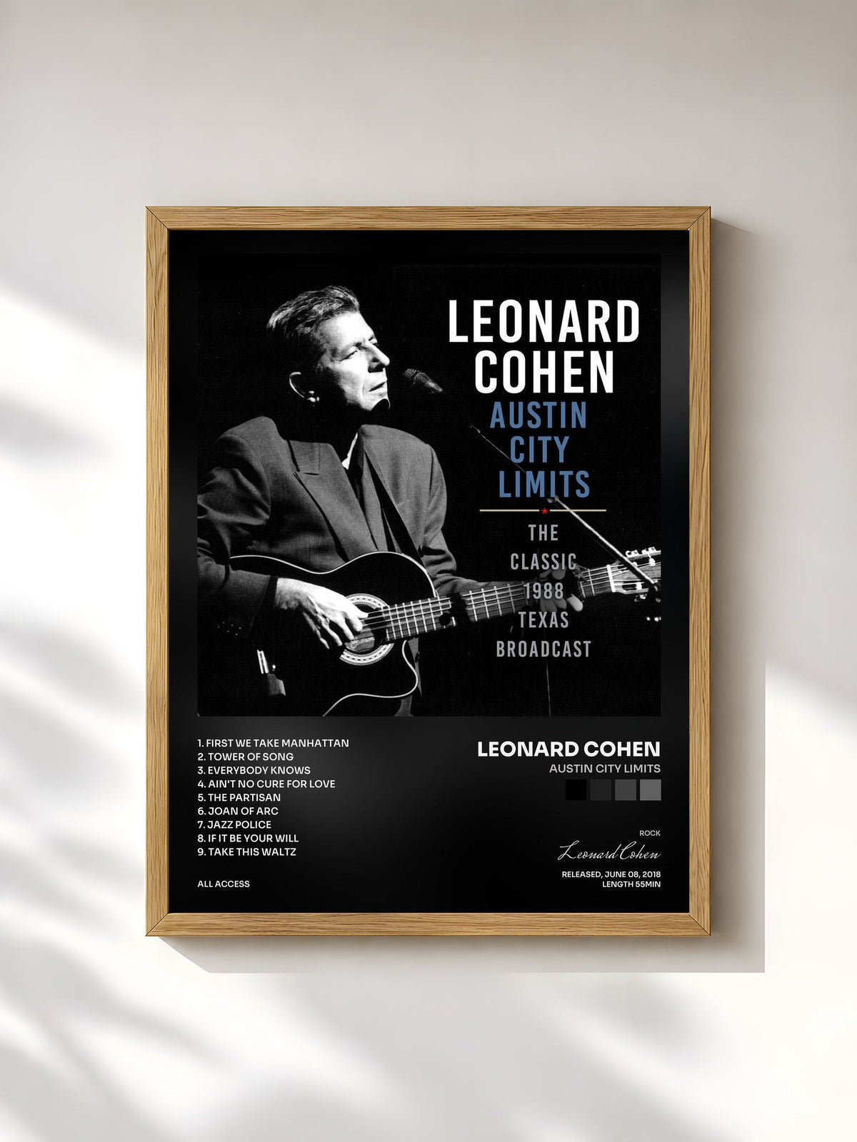 #bois Tableau de l'album Austin City Limits de Leonard Cohen, cadre en bois brut, imprimé et encadré en France