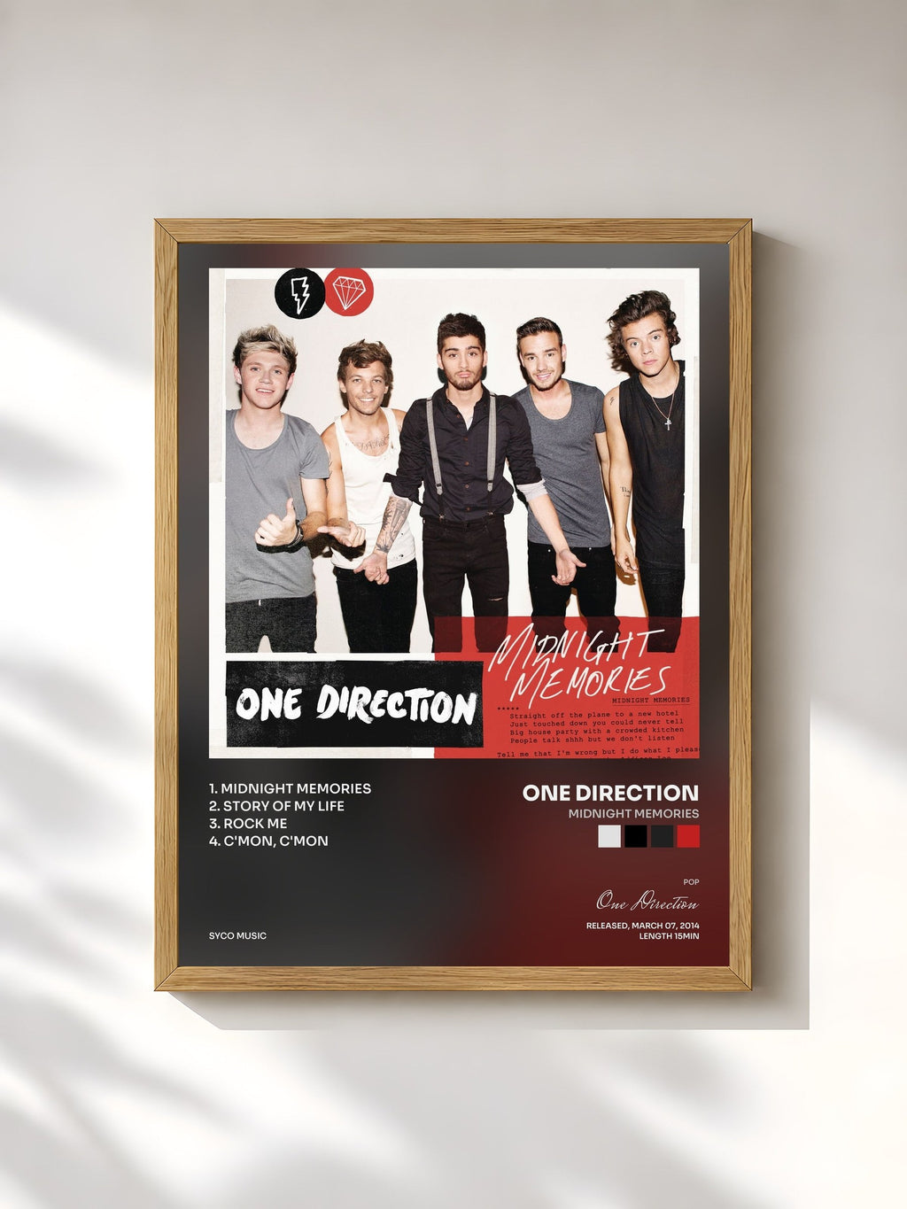 #bois Tableau de l'album Midnight Memories de One Direction, cadre en bois brut, imprimé et encadré en France