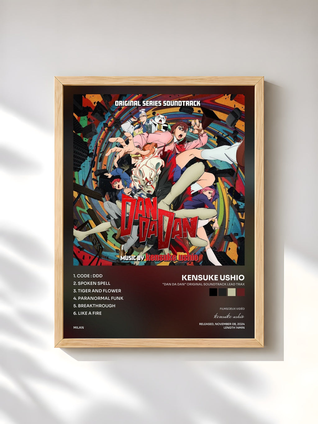 #bois Tableau de l'album "DAN DA DAN" Original Soundtrack Lead Trax de kensuke ushio, cadre en bois brut, imprimé et encadré en France