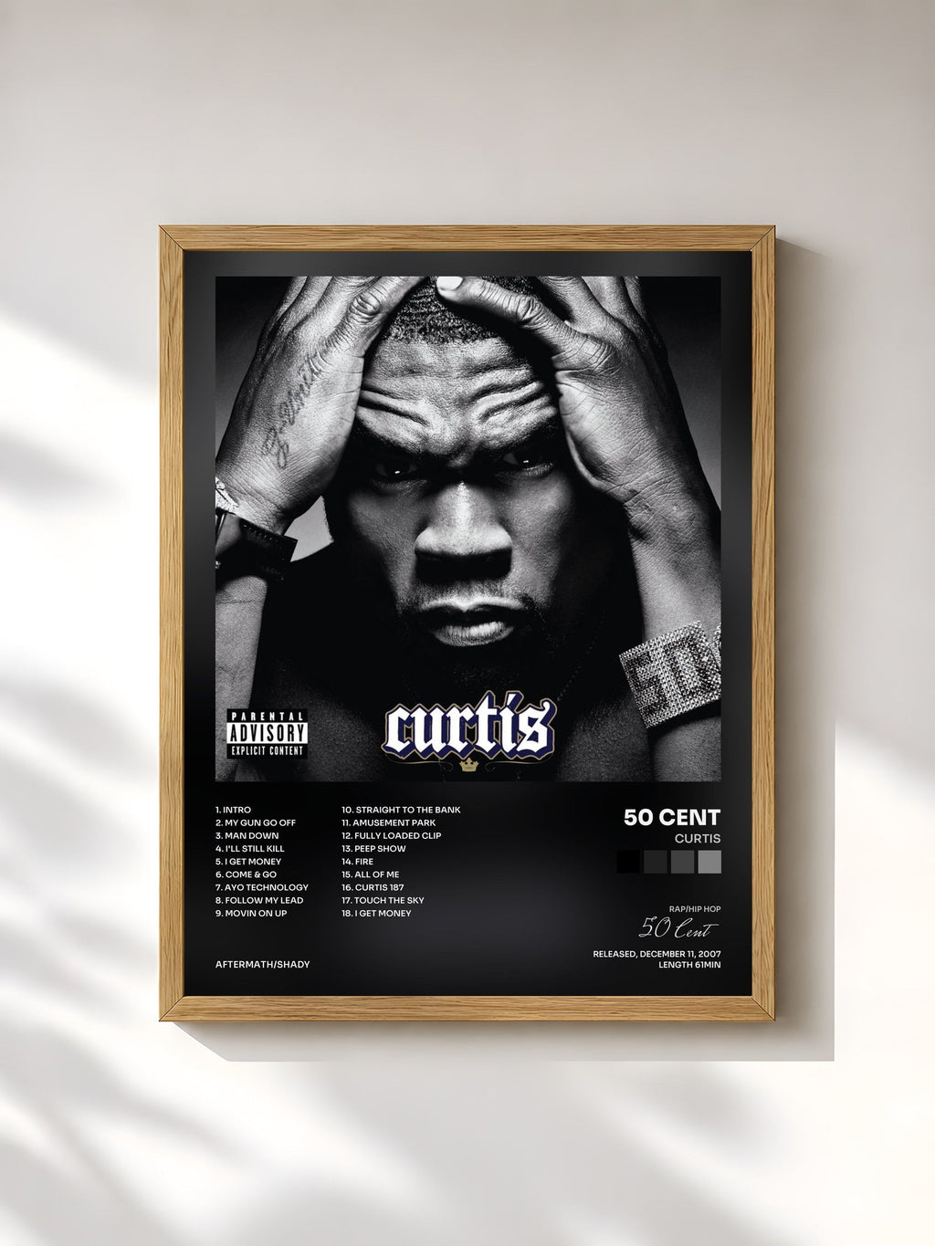 #bois Tableau de l'album Curtis de 50 Cent, cadre en bois brut, imprimé et encadré en France
